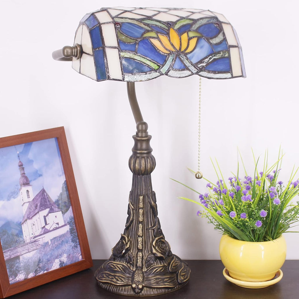 Tiffany Banker Lamp Small Stained Glass Table Lamp Tiffany Style Piano Light Blue Yellow Lotus Style Desk Lamp Angle Adjustable 10.6X15.7 Inch for Home Office Living Room Bedroom