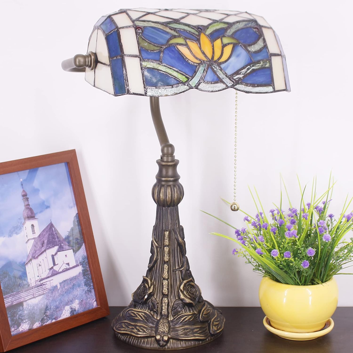 Tiffany Banker Lamp Small Stained Glass Table Lamp Tiffany Style Piano Light Blue Yellow Lotus Style Desk Lamp Angle Adjustable 10.6X15.7 Inch for Home Office Living Room Bedroom