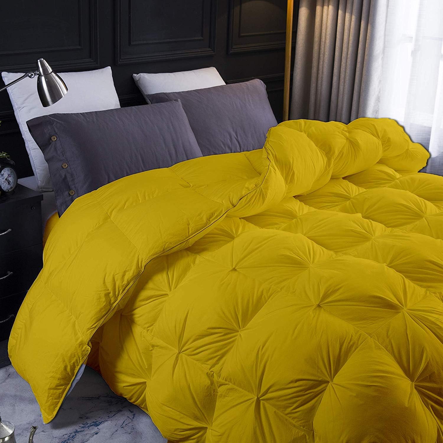 Gold All Season Down Alternative Pintuck Comforter- Queen Size 90 x 90 Inches 1 pc Pinch Pleated Comforter 600 GSM & 4 - Corner Tabs 100% Egyptian Cotton- - Gold Solid