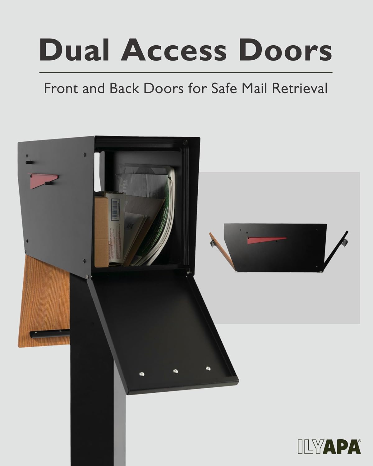 Ilyapa Modern Black Mailbox & Post Sleeve Bundle | Heavy Duty, All-Weather Powder-Coated Steel Curbside Mailbox & 43' Metal Post for Outside w/Universal Mounting Bracket.