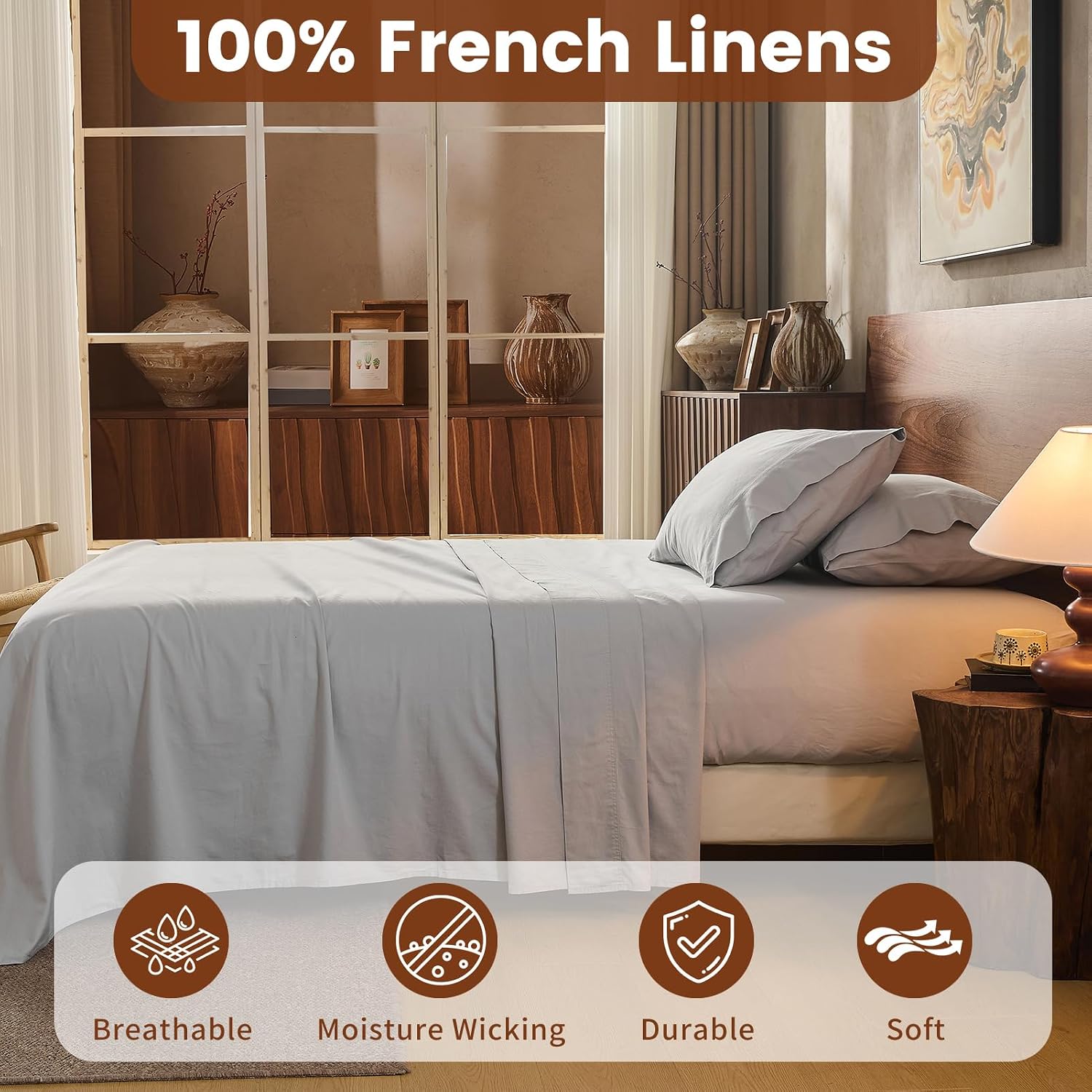 100% Linen Sheets Queen Size,Breathable & Durable 4-Piece Bed Flax Sheet Set,Soft All-Season Bedding for Hot Sleepers 16' Deep Pocket Oeko-TEX Certified,（Queen, Grey）