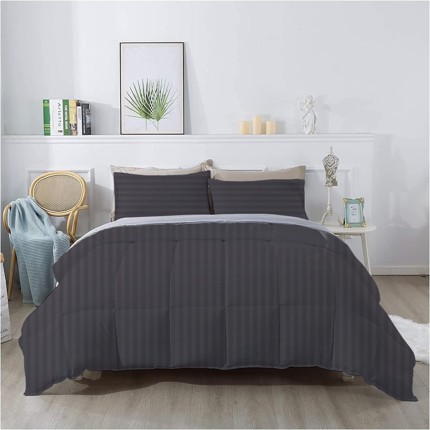 Olivia Rocco 1 Piece 1000 Thread Count Comforter Full XL/Queen Size (88' x 92') Inch 100% Egyptian Cotton Comforter 400 GSM Soft Quality - Dark Grey Stripe
