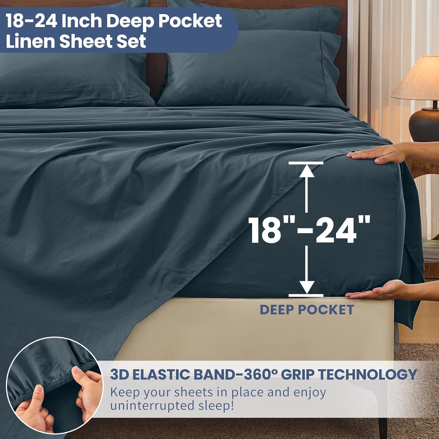 Bedlifes 100% French Linen Sheets Queen Size 18-24'Extra Deep Pocket 4-Piece Set Breathable & Moisture-Wicking,Soft & Durable Sheets for Thick Mattresses(Cool Gray)