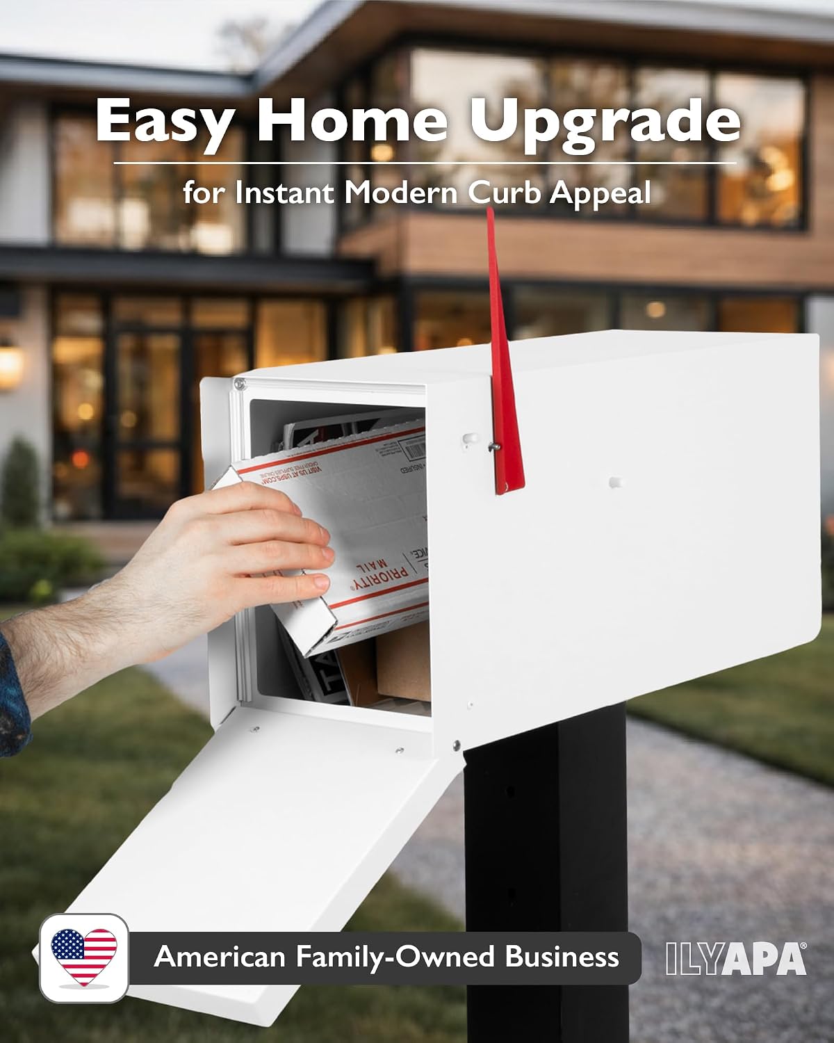 Ilyapa Modern Mailbox Post Mount - 21x8x10 White Metal Mailboxes for Outside, Heavy Duty Steek Mail Box Waterproof Letter Box for Parcels, with Recessed Magnetic Close Door