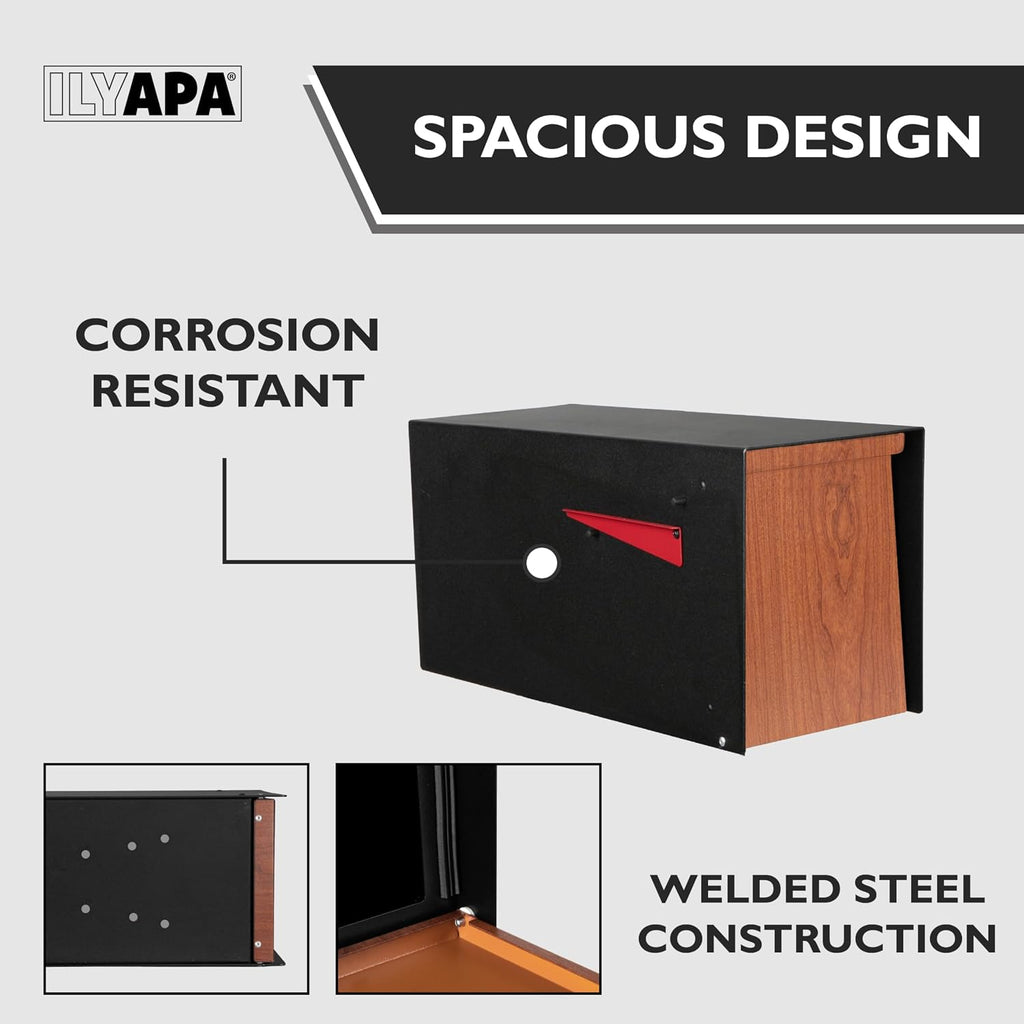 Ilyapa Modern Mailbox for Post Mount - Black Powder Coated Metal Mailbox with Cherry Wood Door - Waterproof for Parcels, Recessed Magnetic Close Door