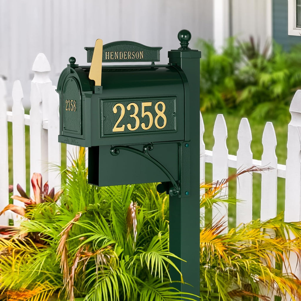 Whitehall Ultimate Mailbox Package, Personalized Large Mailbox with Post and Address Plaque for Outside - Green/Gold