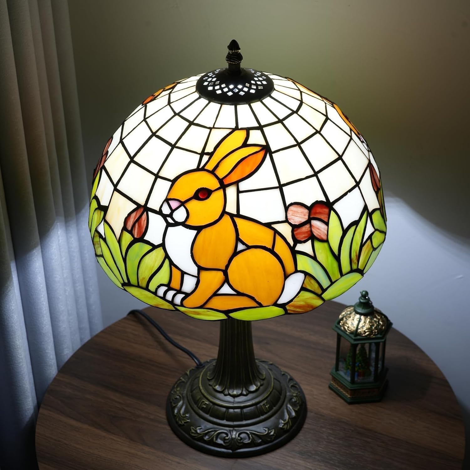 Tiffany Style Lamp with Cat Rabbit Stained Glass Lamp 12 Inch Retro Bronze Base Bedside Lamp Bedroom Living Room, Cafe，Restaurant Art Nouveau Style Decorative Child Interest Ambient Light