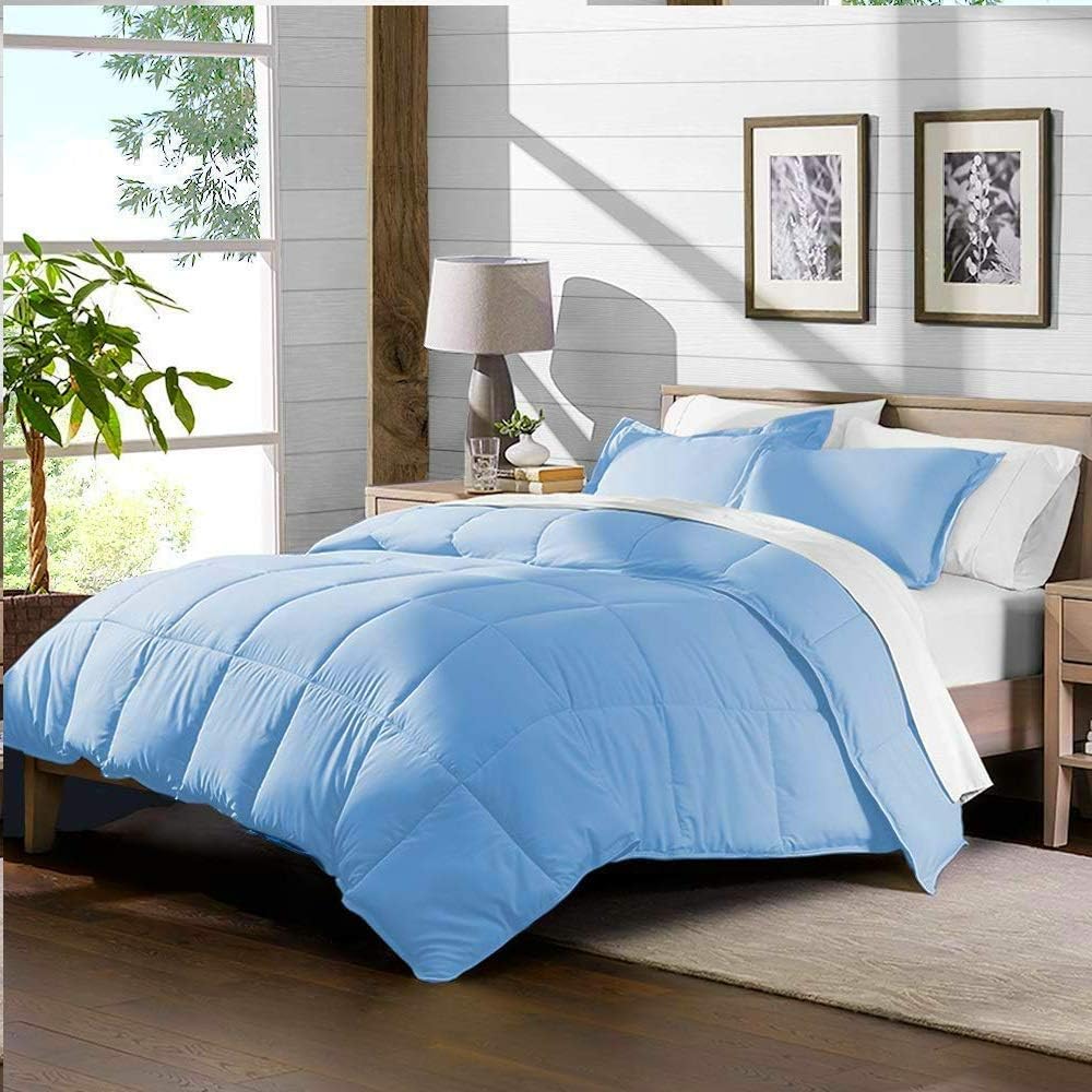 Soft 1000 TC Goose Down Alternative Egyptian Cotton Comforter Set (Comforter + 2 Pillow Cases) 400 GSM Over-Size Queen Light Blue 98'' x 98''