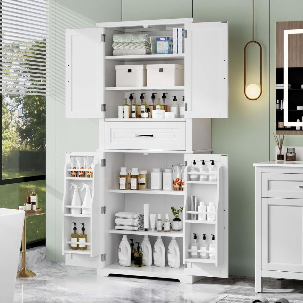 Tall Storage Cabinet with Adjustable Shelves, Large Drawer, and Door Storage Racks, 72' Kitchen Pantry Organizer with Magnetic Door Stopper and Metal Handles, Waterproof Finish for Home Use