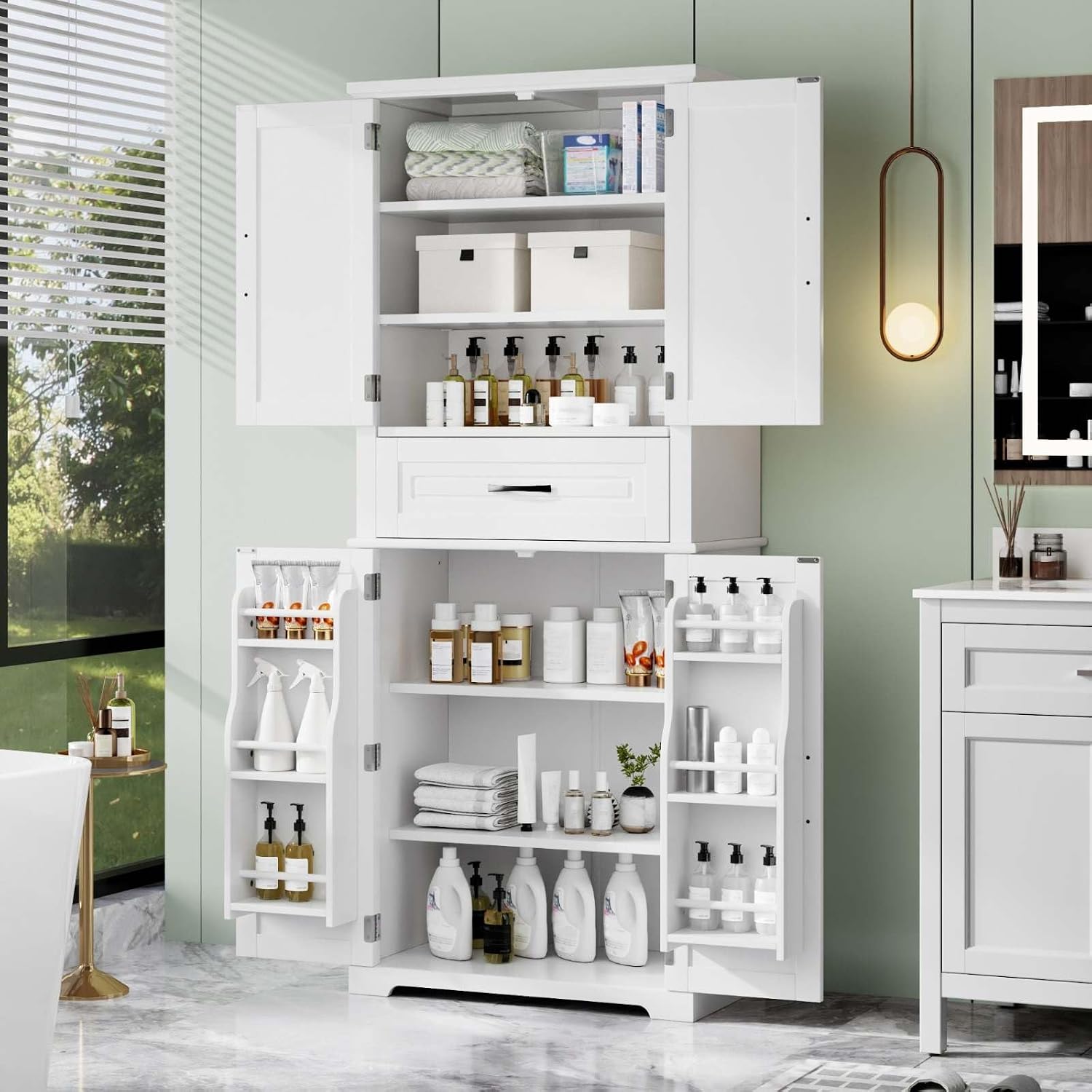 Tall Storage Cabinet with Adjustable Shelves, Large Drawer, and Door Storage Racks, 72' Kitchen Pantry Organizer with Magnetic Door Stopper and Metal Handles, Waterproof Finish for Home Use