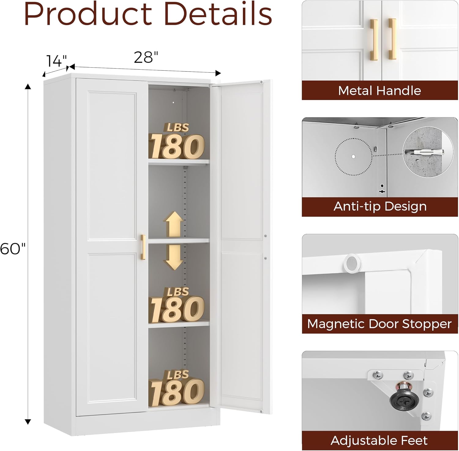 60' Tall Metal Pantry Cabinet, White Kitchen Pantry Storage Cabinet with 3 Adjustable Shelves and Gold Handles, Cupboard for Kitchen, Dining Room, Living Room, Bathroom
