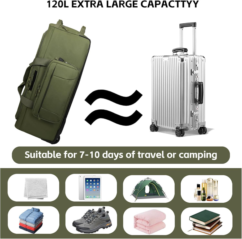 120L 3-Wheel Rolling Duffle Bag - Heavy Duty Military Deployment Bag, Durable Wheeled Duffle Luggage for Travel, Camping & Outdoor Adventures