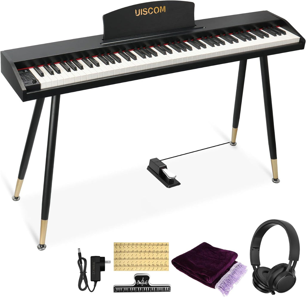 UISCOM Digital Piano Keyboard for Beginners,Full Size 88 Key Semi-Weighted Keyboard Electric Piano with Stand,Power Adapter,Sheet Music Stand,Pedal,Headphone,USB-MIDI Compatibility,Wood Black