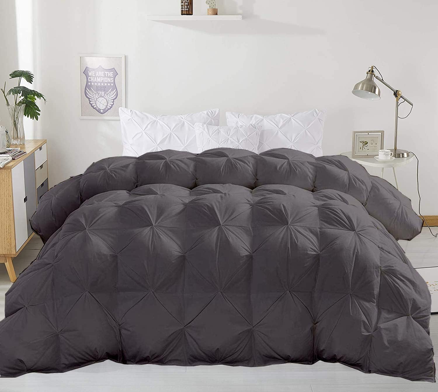 Dark Gray Down Alternative Pinch Pleated Comforter- Eastern King Size 118 x 110 Inches 1 Piece All-Season Duvet Insert, 500 GSM with Corner Tabs 100% Egyptian Cotton- (Dark Gray Solid)