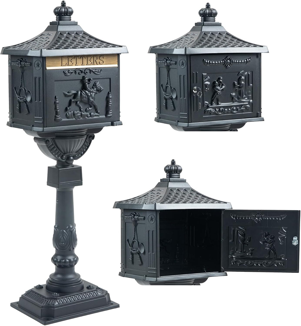 Retro Locking Mailboxes for Outside Aluminum Freestanding Mailbox with Post, Heavy Duty Mail Boxes for House with Post, Black