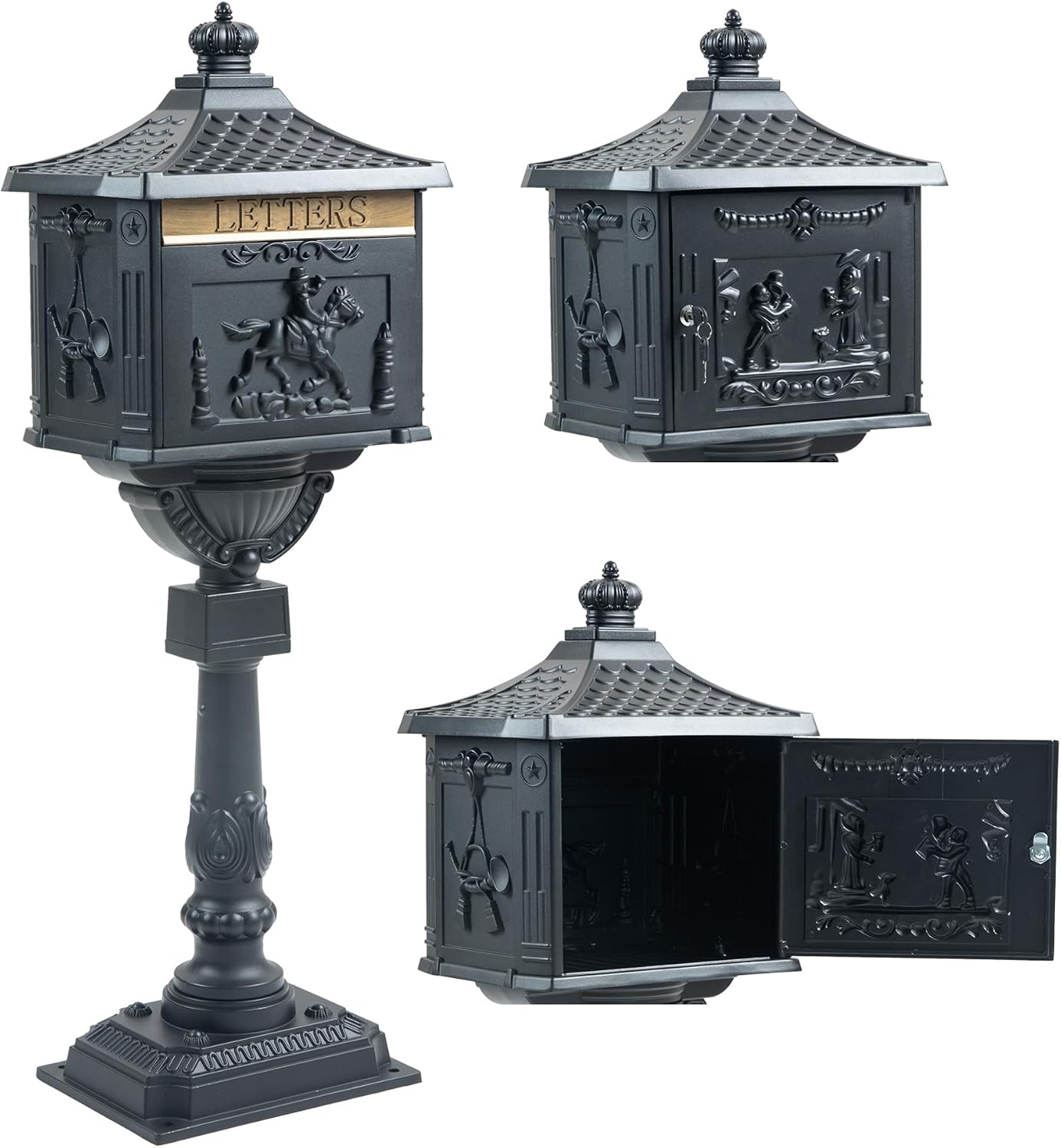 Retro Locking Mailboxes for Outside Aluminum Freestanding Mailbox with Post, Heavy Duty Mail Boxes for House with Post, Black