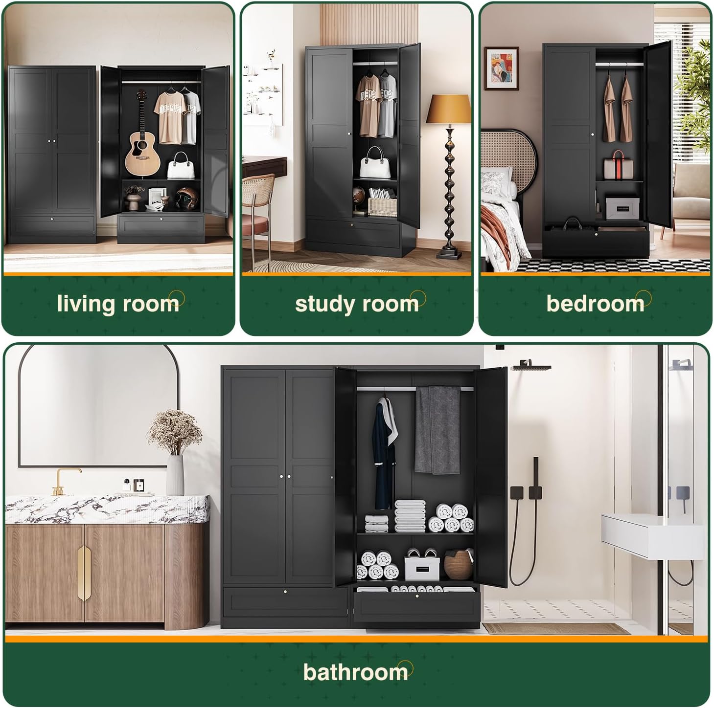 Letaya Wardrobe Closet,72' H Clothing Metal Storage Cabinet with Storage Drawer Adjustable Shelves and Hanging Rod,Bedroom Armoire Cabinet Clothes Organizer (Black)