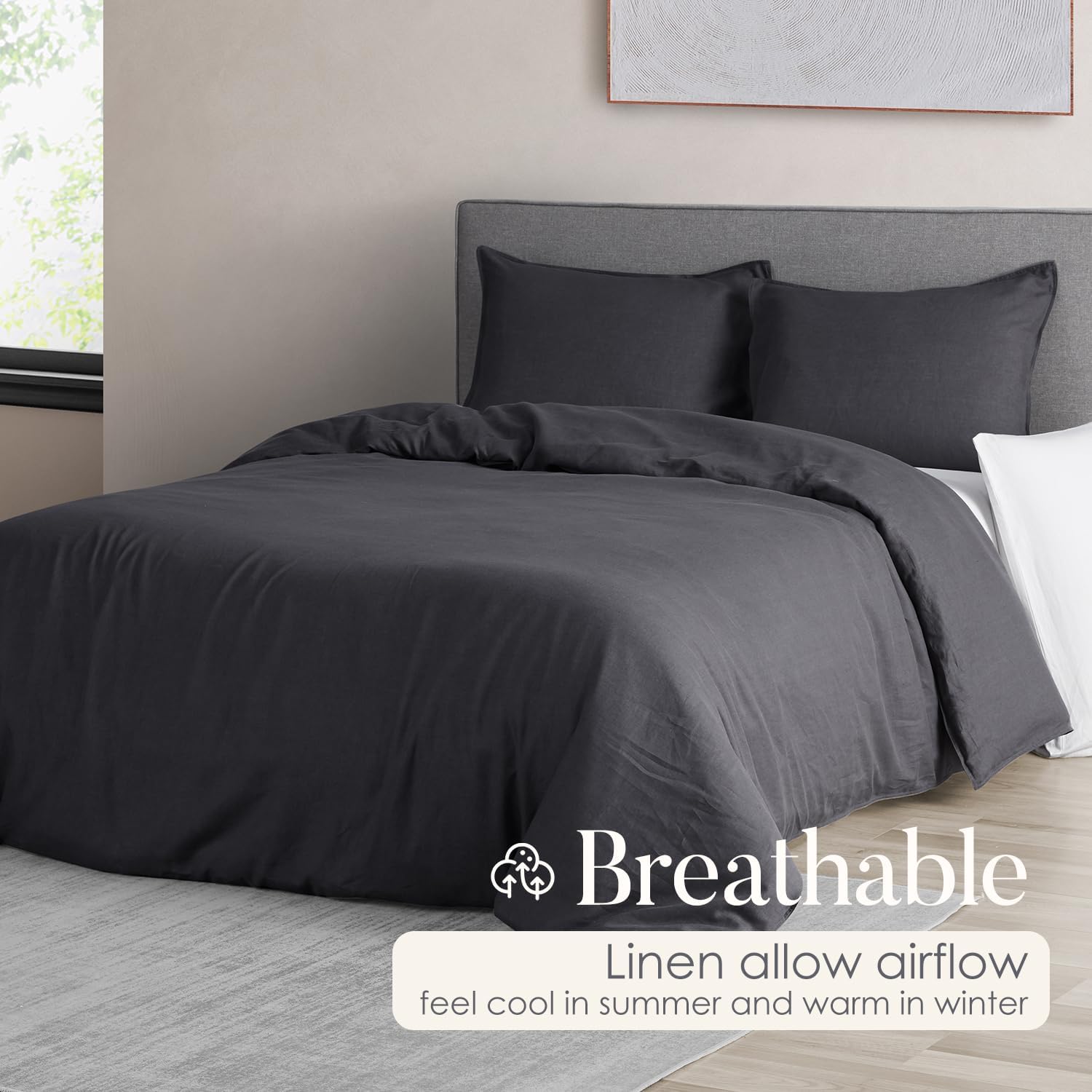 DAPU 100% Linen Duvet Cover Set - Pure Natural French Flax Linen with Corner Ties and Zipper Closure Soft Breathable Durable for Hot Sleepers 1 Duvet Cover 2 Pillowcases (Dark Gray, Full/Queen)