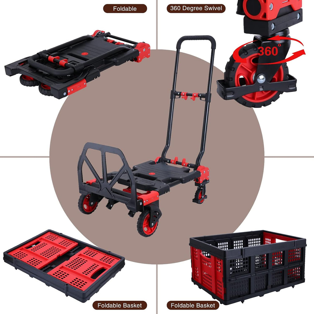 2-in-1Hand Truck Dolly Foldable with Folding Basket,330LBS Capacity Handtruck,Hand Truck Foldable Dolly with 4 Wheels,Dolly Cart with Retractable Handle,Folding Hand Cart for Moving