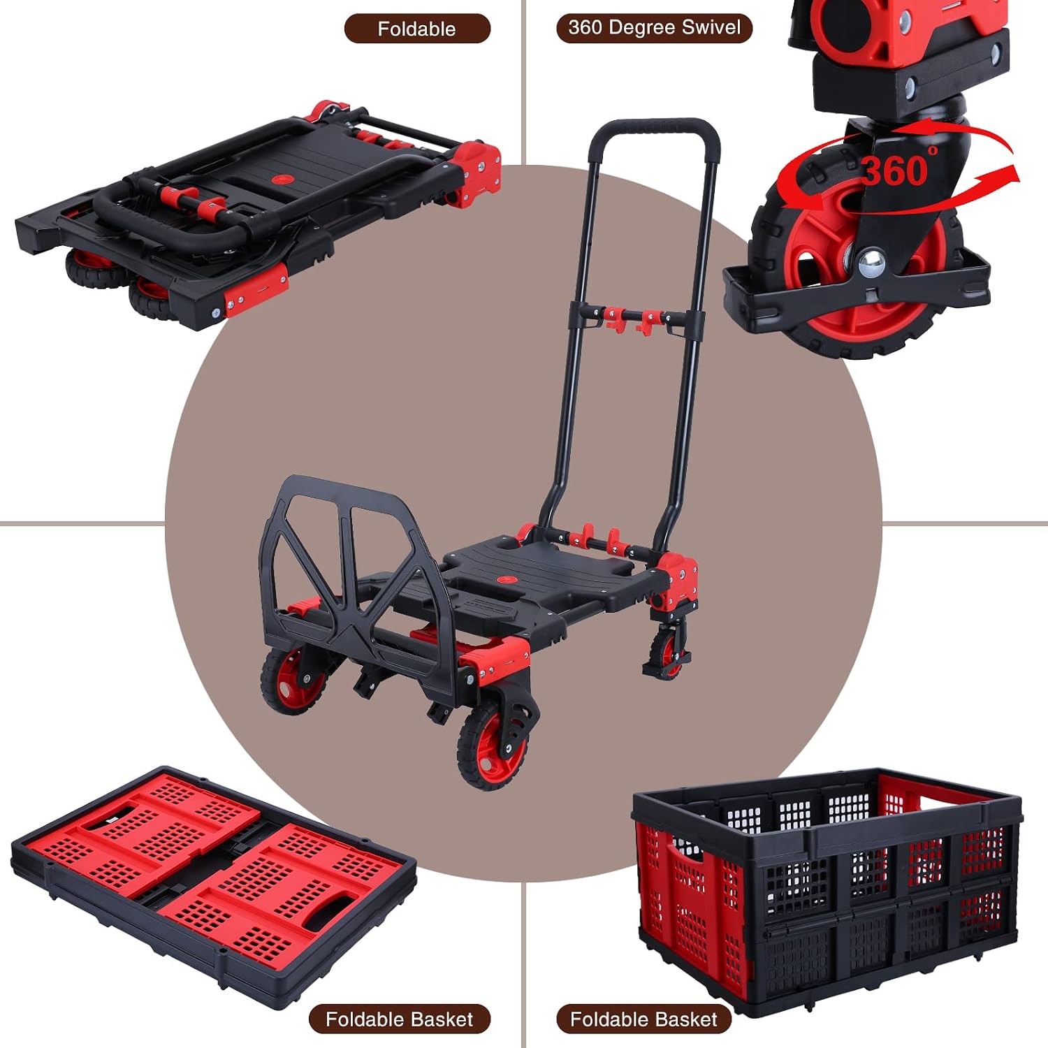 2-in-1Hand Truck Dolly Foldable with Folding Basket,330LBS Capacity Handtruck,Hand Truck Foldable Dolly with 4 Wheels,Dolly Cart with Retractable Handle,Folding Hand Cart for Moving