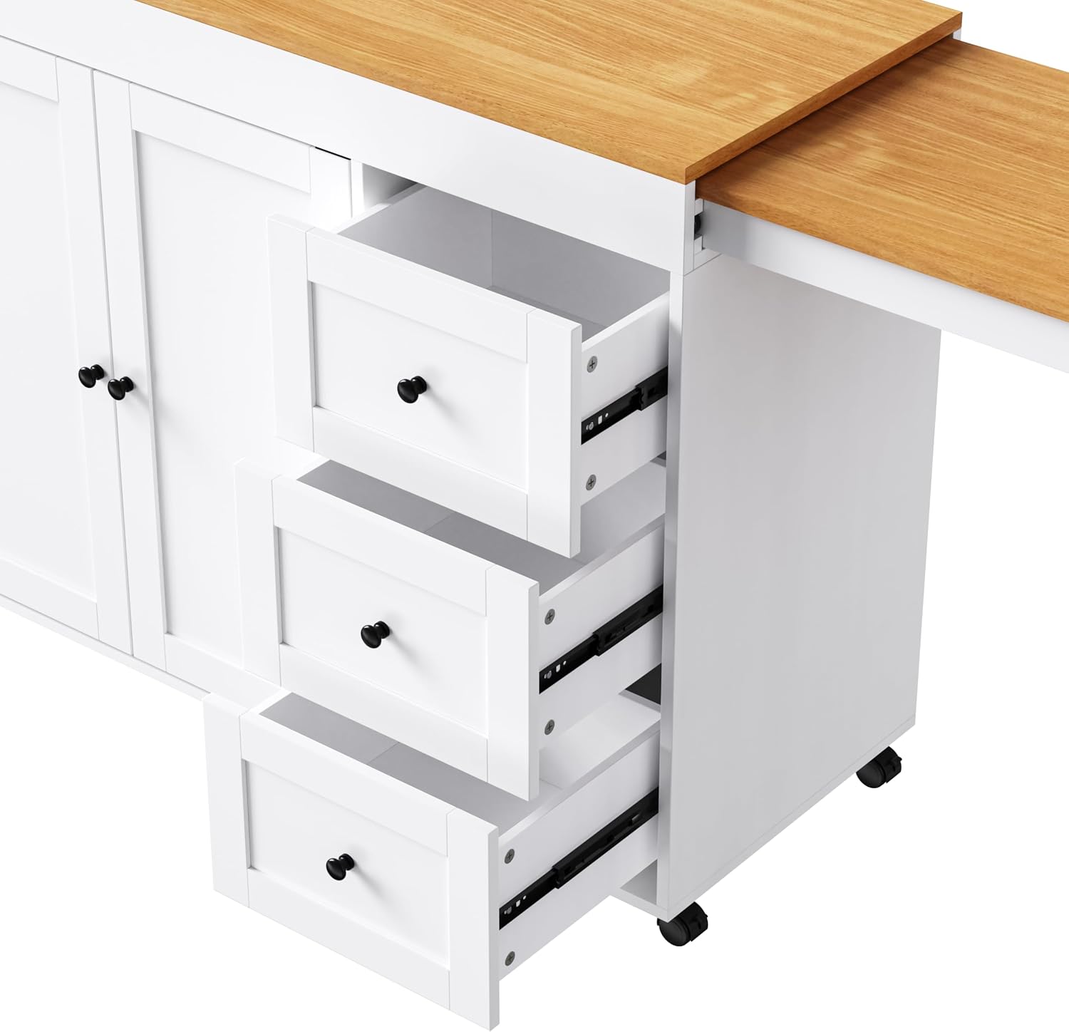 RUNNA Kitchen Island with Extendable Dining Table, Kitchen Storage Cart with 3 Drawers, Power Outlet, Rolling Kitchen Island on Wheels with Spice Rack and 2 Door Cabinet,for Kitchen (White@01)