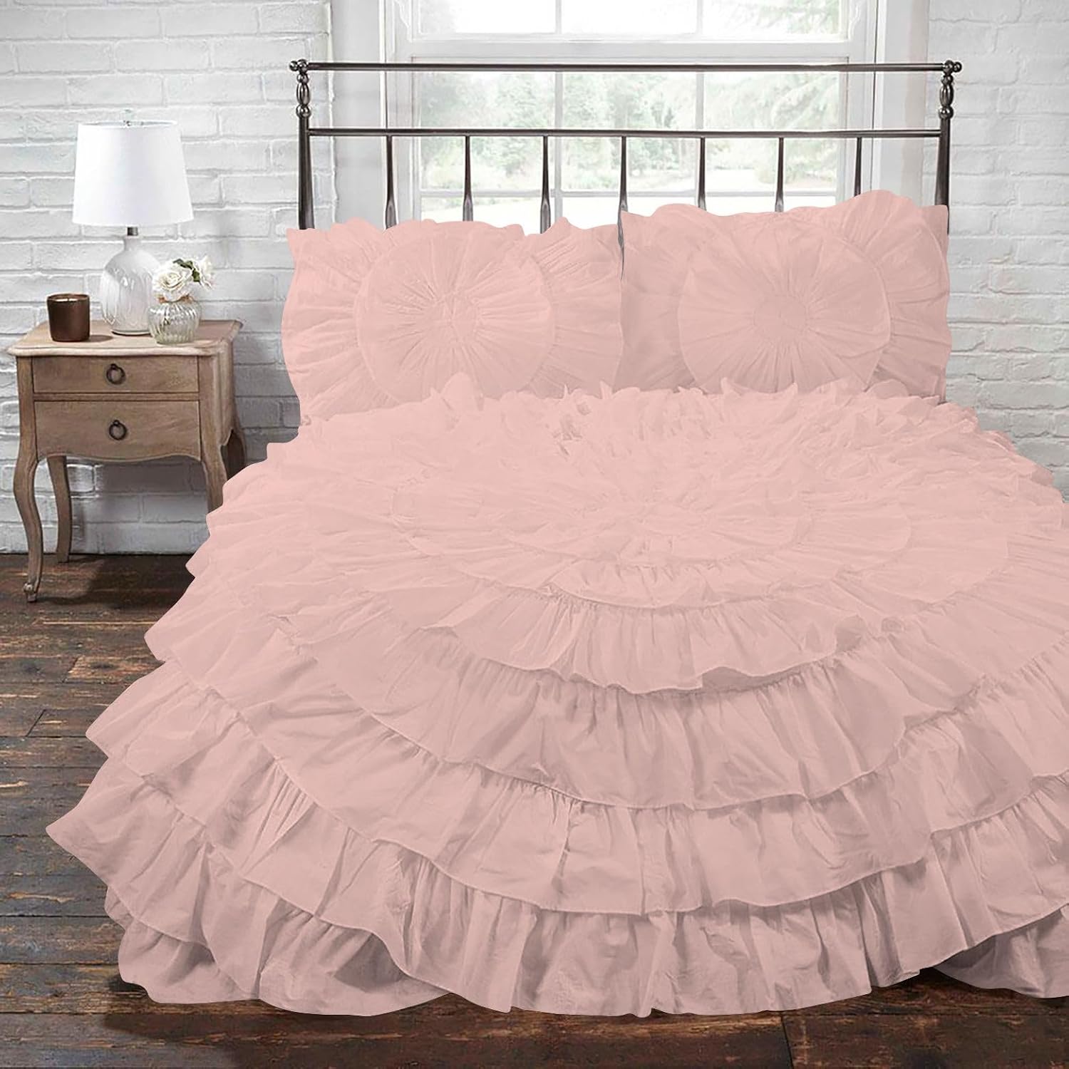 3 Piece 100% Egyptian Cotton Circle Ruffle Comforter Set, 550 GSM Filled Microfiber - Full/Queen Size, Blush Color - 1000 Thread Count