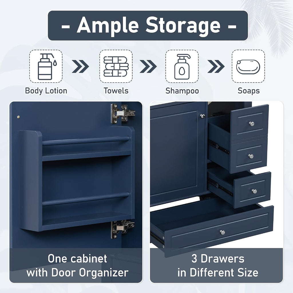 Harper & Bright Designs 30' Bathroom Vanity with Sink, Free Standing Single Basin Vanity Set with One Door and Three Drawers, Solid Wood Bathroom Cabinet with Ceramic Basin for Bathroom, Blue