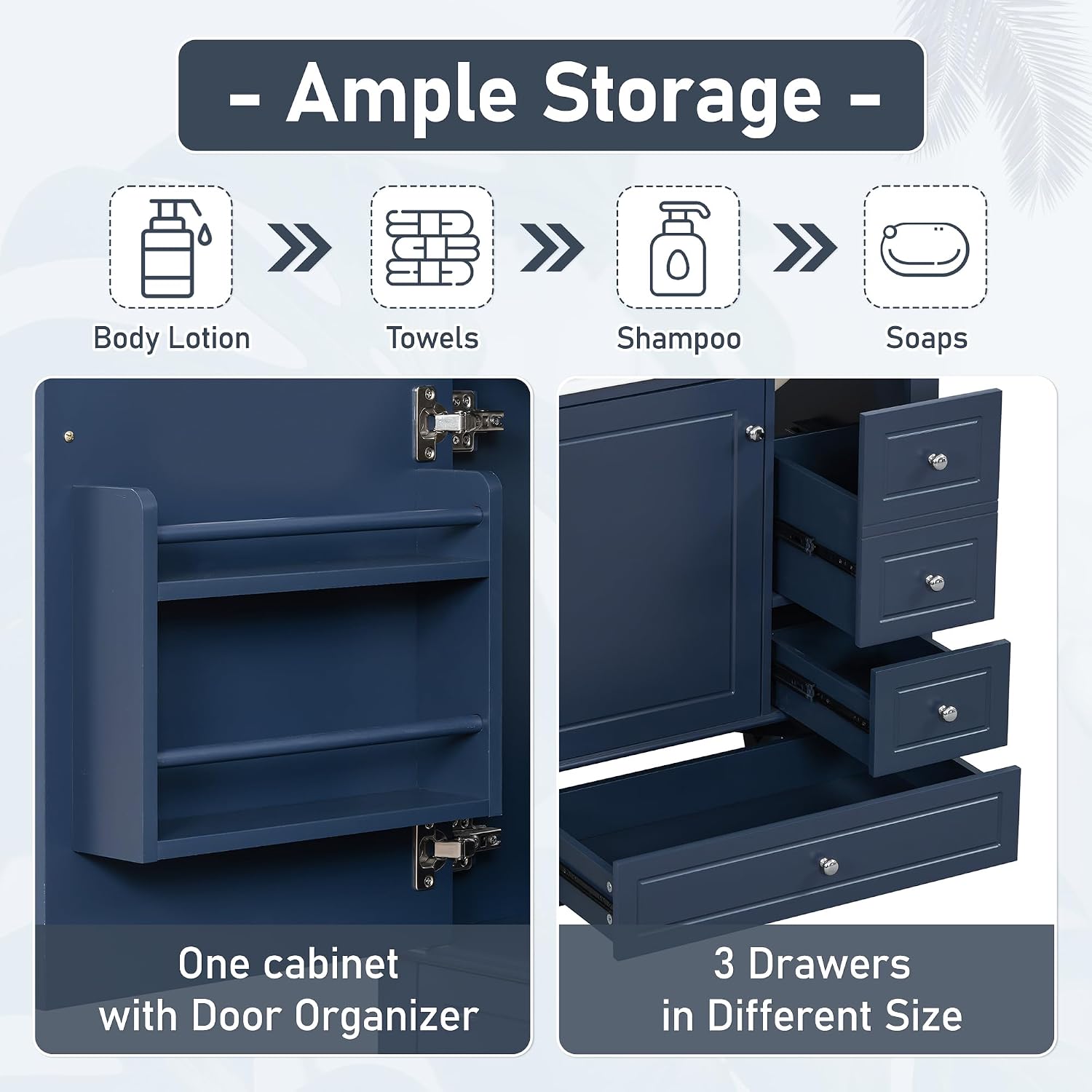 Harper & Bright Designs 30' Bathroom Vanity with Sink, Free Standing Single Basin Vanity Set with One Door and Three Drawers, Solid Wood Bathroom Cabinet with Ceramic Basin for Bathroom, Blue