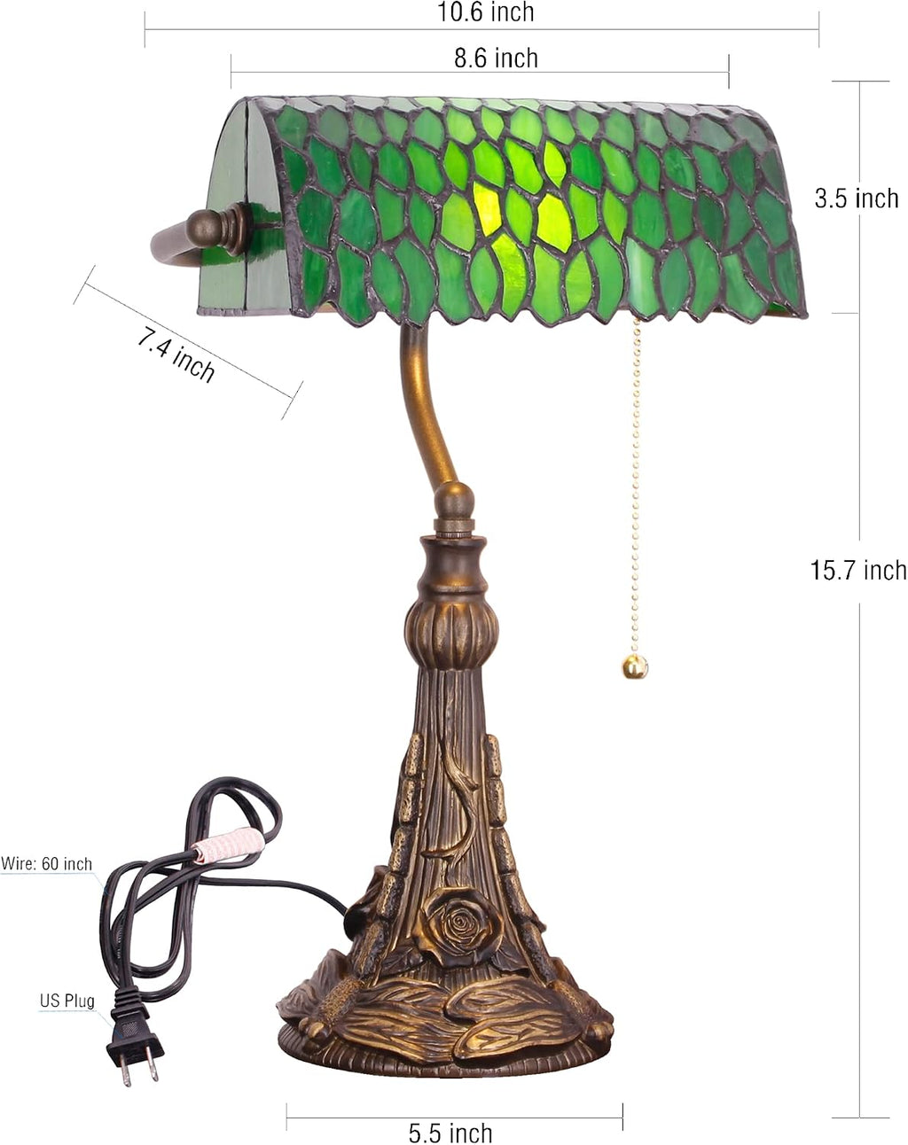 Tiffany Banker Lamp Small Stained Glass Table Lamp Tiffany Style Piano Light Green Wisteria Leaf Style Desk Lamp Angle Adjustable 10.6X15.7 Inch for Home Office Living Room Bedroom