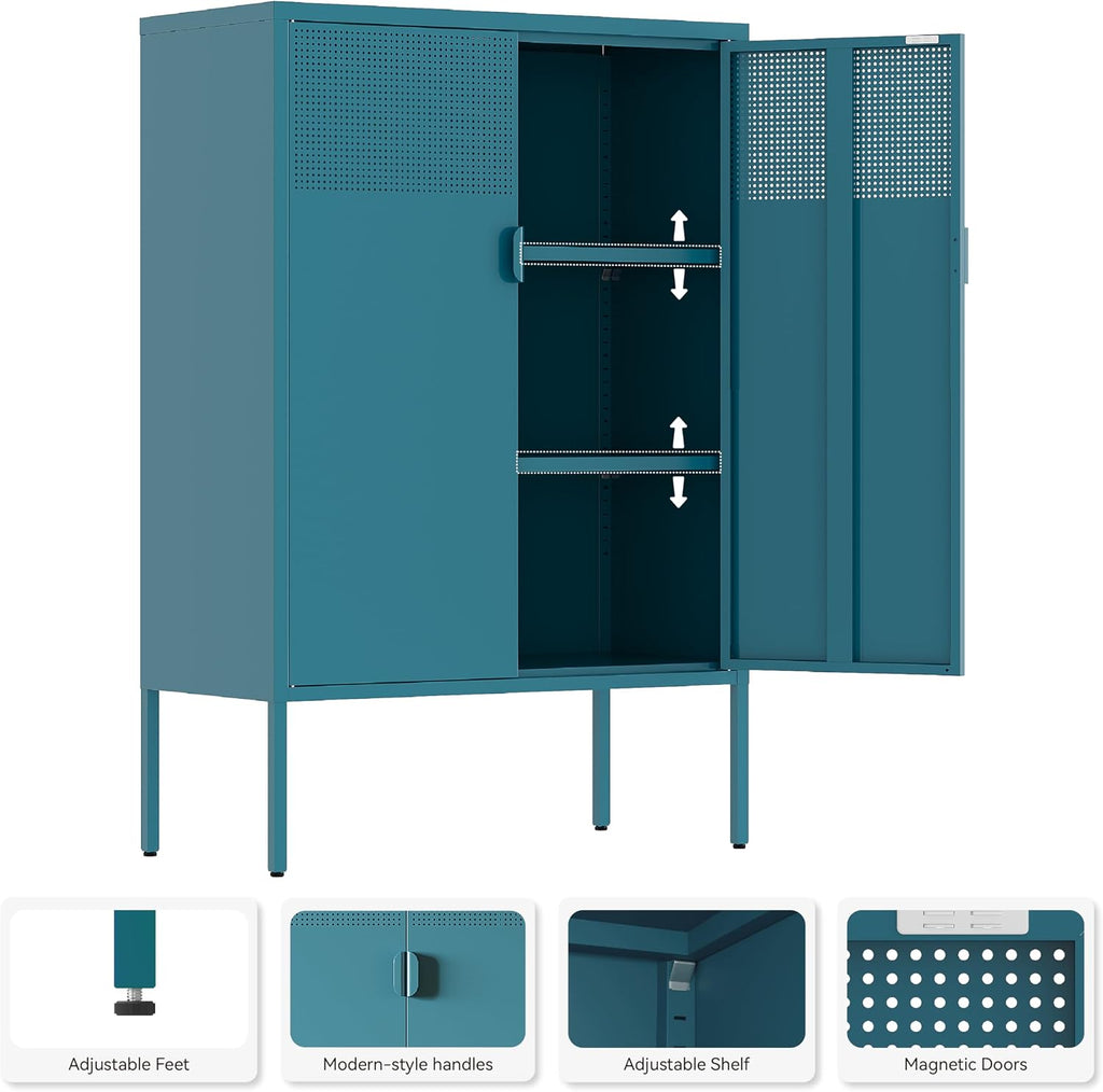Metal Storage Cabinet,2 Door TV Stand, Metal Mesh Accent Cabinet,Magnetic Door Closure,Low Storage Cabinets with Doors and Shelves