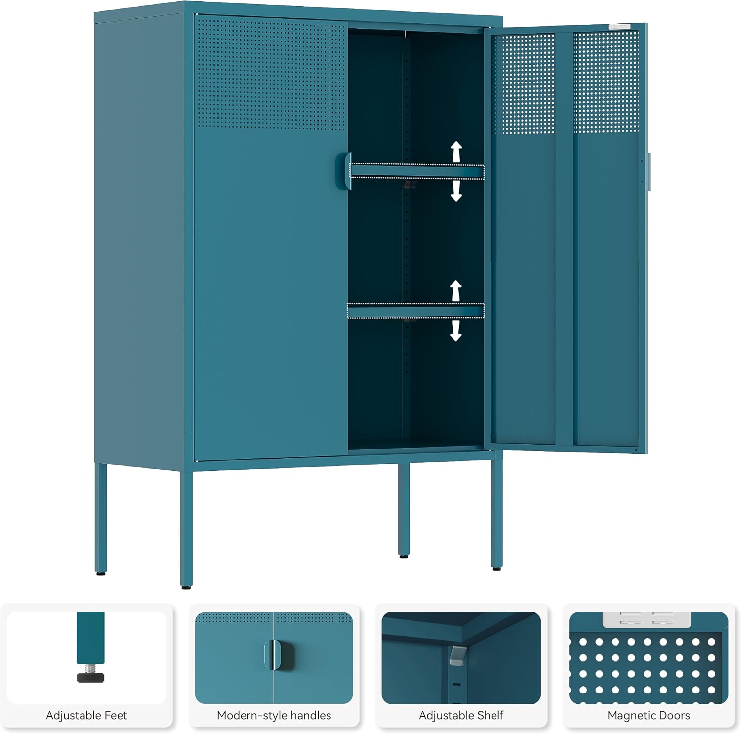 Metal Storage Cabinet,2 Door TV Stand, Metal Mesh Accent Cabinet,Magnetic Door Closure,Low Storage Cabinets with Doors and Shelves