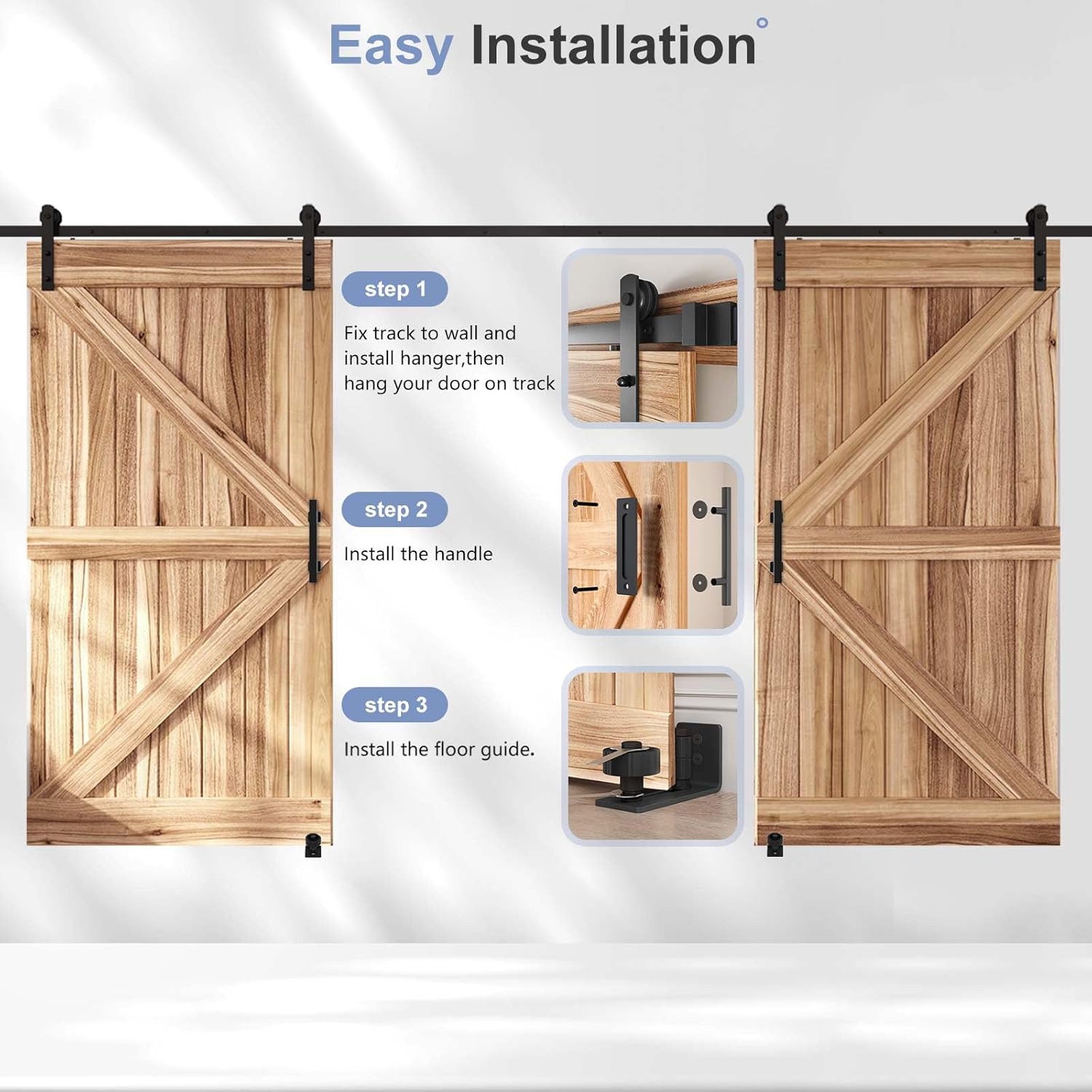 EaseLife 14 FT Double Sliding Barn Door Track and Handle Hardware Kit,Straight Pulley,Slide Smoothly Quietly,Easy Install (14FT Track Kit for 40'~42' Wide Double Door)