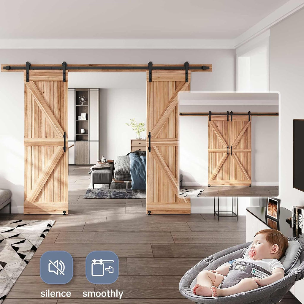EaseLife 10 FT Double Sliding Barn Door Track and Handle Hardware Kit,Straight Pulley,Slide Smoothly Quietly,Easy Install (10FT Track Kit for 27'~30' Wide Double Door)