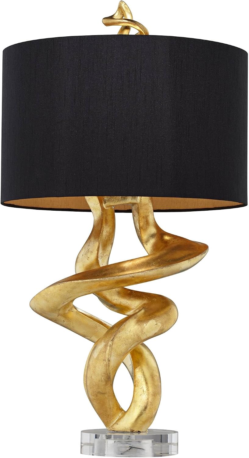 Kathy Ireland Impressions 33' Tall Sculpture Base Large Modern Luxury End Table Lamp Gold Leaf Finish Single Black Shade Living Room Bedroom Bedside Nightstand House Office Home Reading Kitchen