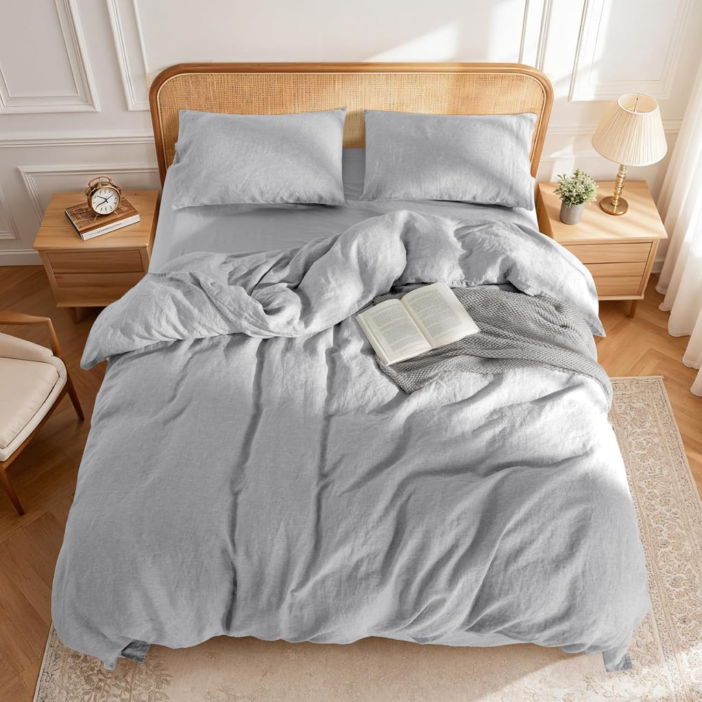 LBRO2M 100% France Linen Duvet Cover Set 3 Pcs Including 1 Flax Comforter Cover with Zipper Closure, 2 Pillowcase, Cozy Duvet Cover Queen Size, Gray