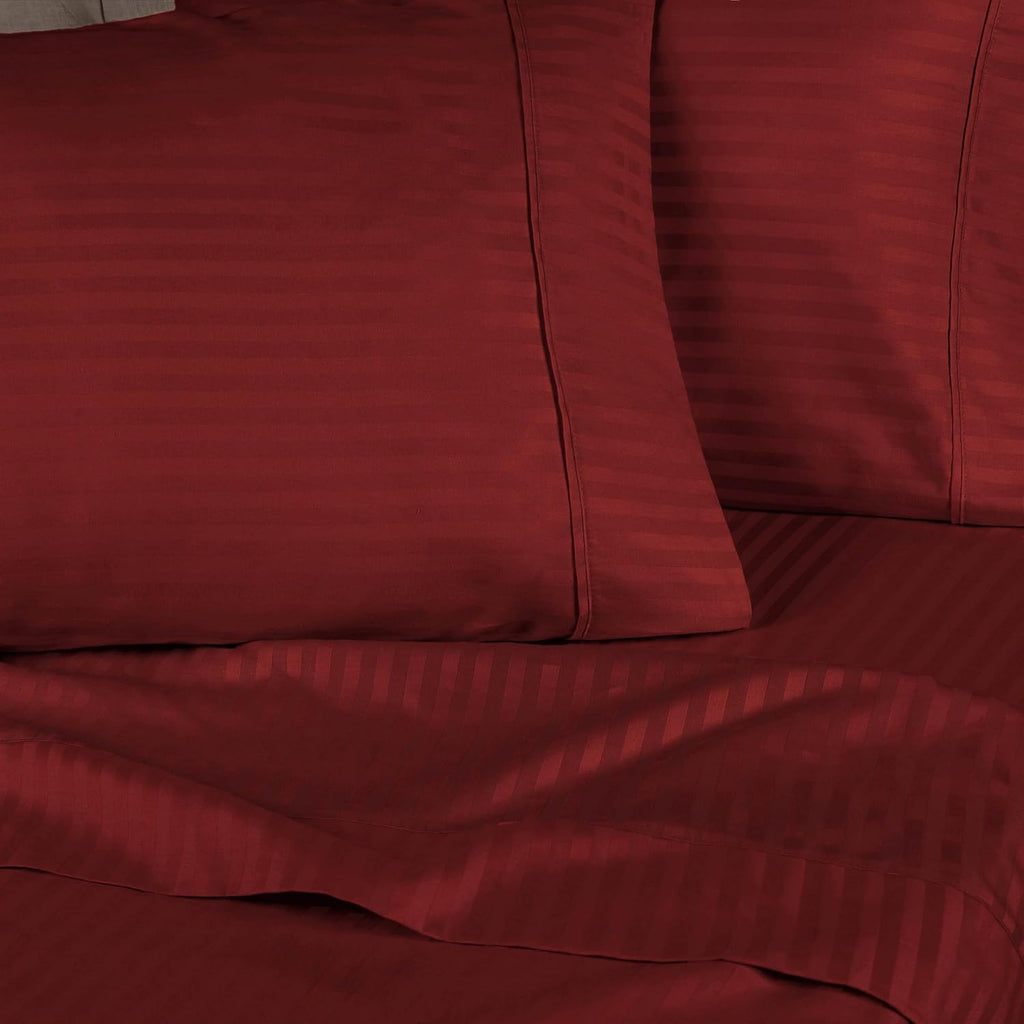 Superior Egyptian Cotton 300 Thread Count Bed Sheet Set, 2 Elastic Deep Pocket Fitted Sheets, 1 Flat Sheet, 2 Pillowcases, Daily Sheets, Luxury Home Essentials, Striped, Split King, Burgundy