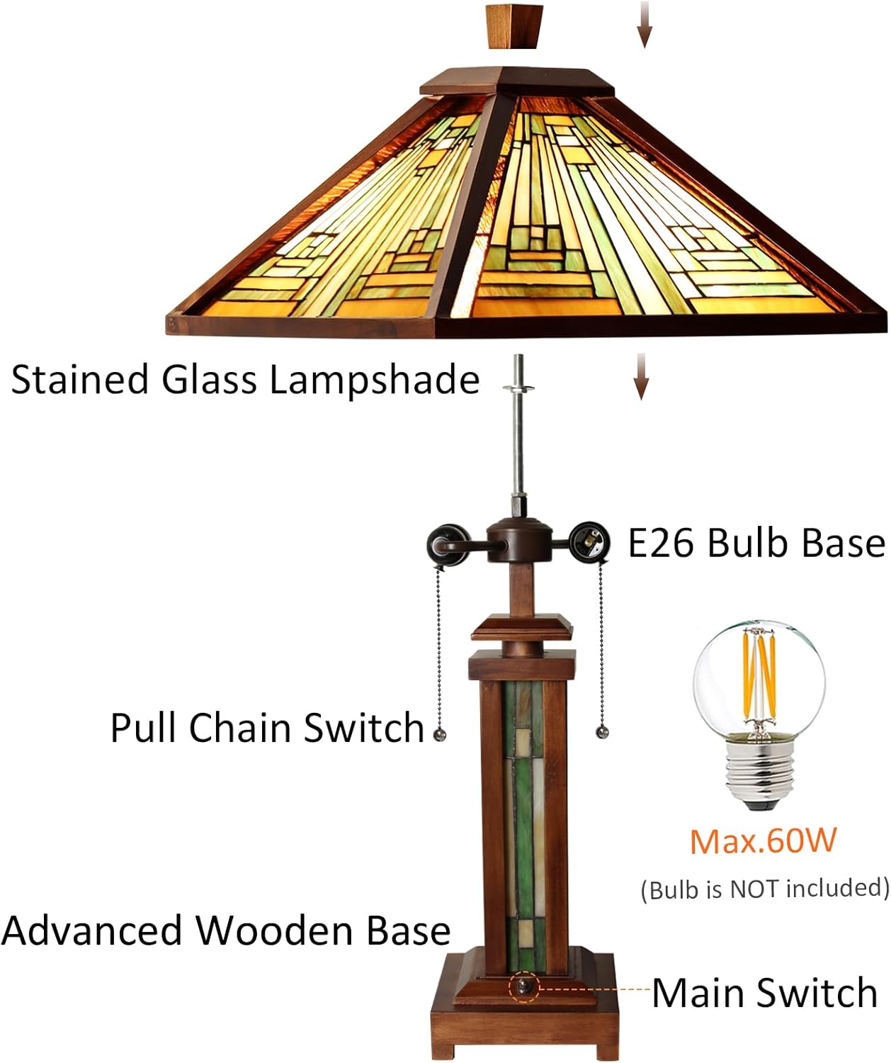 Capulina Tiffany Lamp Stained Glass Table Lamp 3-Light 15X15X26 Inches Amber Brown Wooden Base Tiffany Style Desk Lamp with Night Light Decor for Living Room Bedroom Home Office