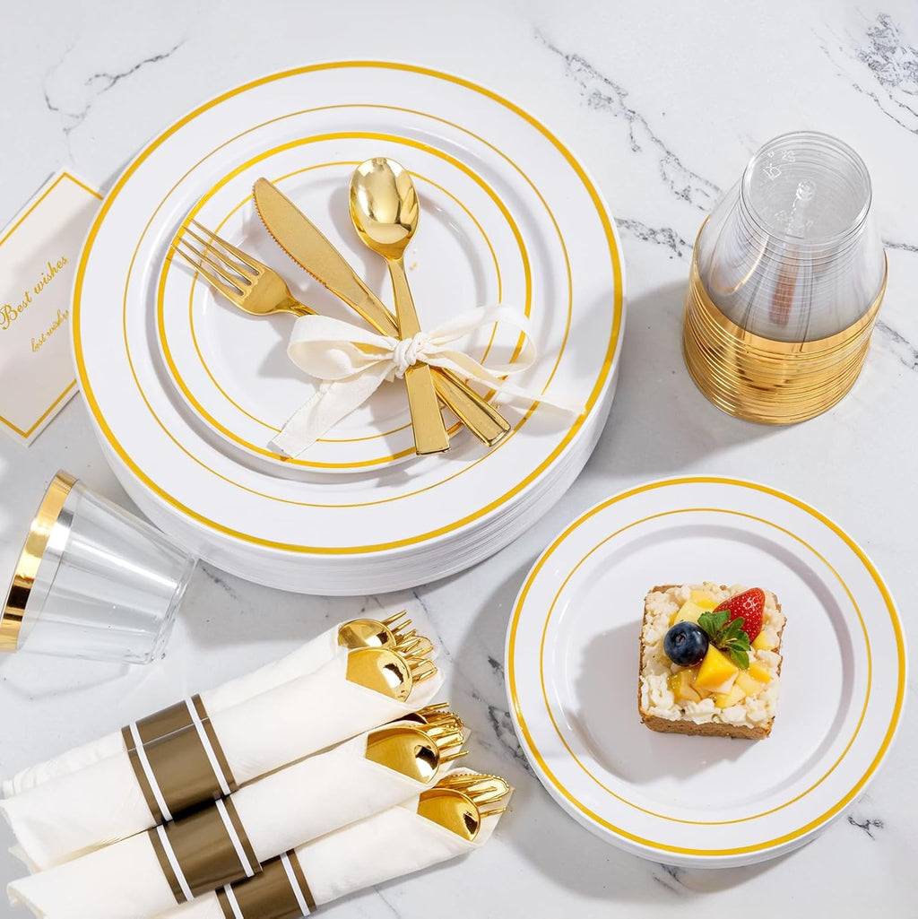 WELLIFE 700 Pcs Gold Plastic Plates for 100 Guests - Disposable Dinnerware Set,Party Supplies Includes 200 Gold Plates,300 Plastic Silverware,100 Napkins,100 Cups for Party and Wedding