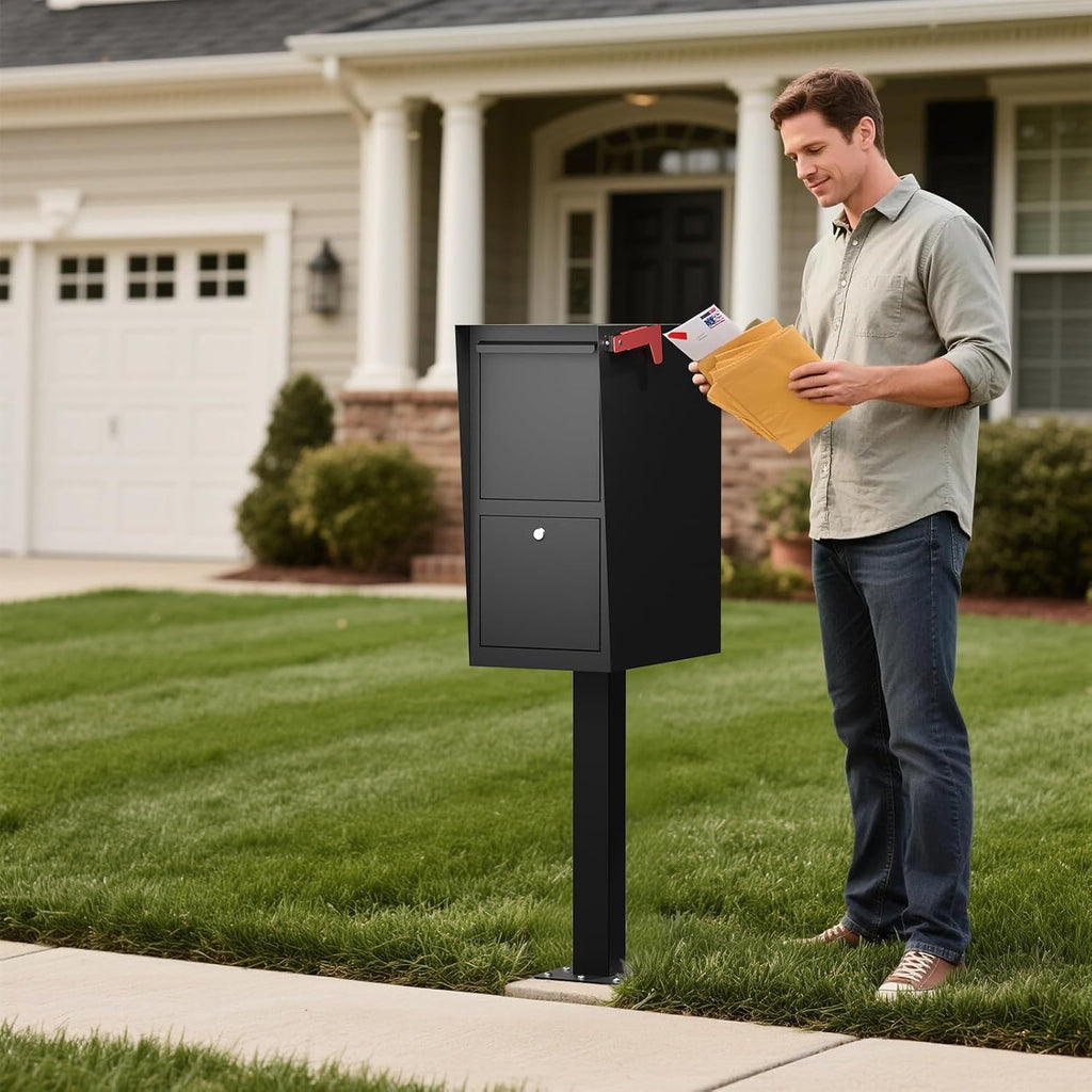 Secure Curbside Locking Mailbox for Packages, Weekend-Away Design with In-Ground Post and Base Plate (Black)