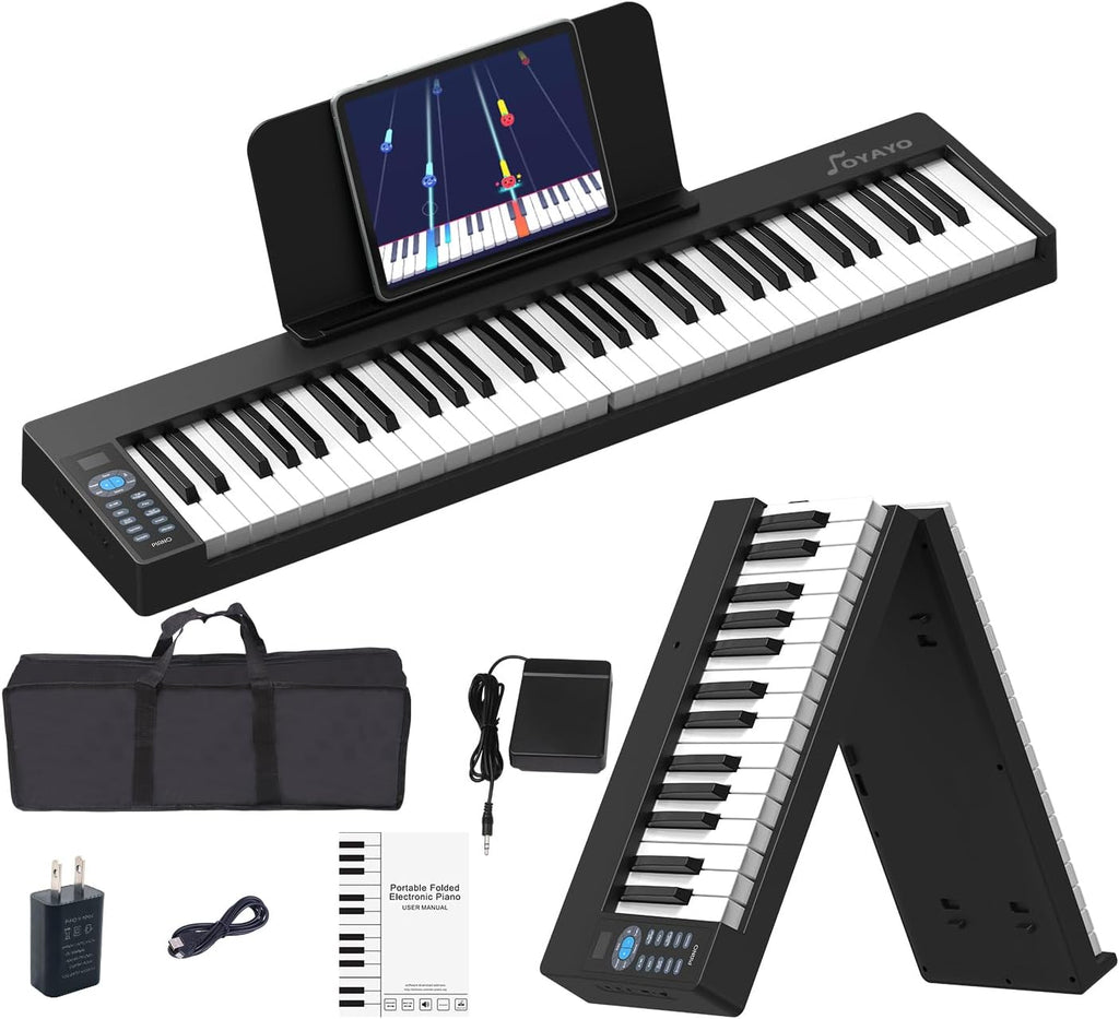 Folding Piano 61 Key, Foldable Sensitive Electric Piano for Beginners, Portable Piano Keyboard with Sheet Music Stand, Bag, Pedal