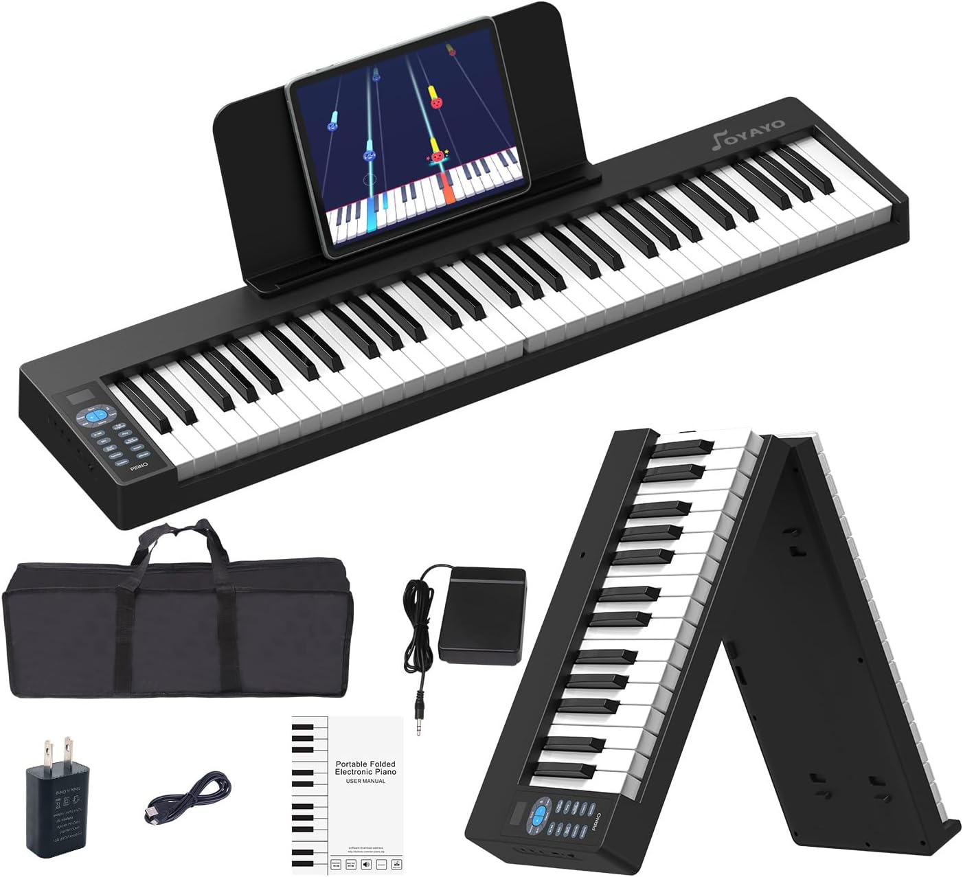 Folding Piano 61 Key, Foldable Sensitive Electric Piano for Beginners, Portable Piano Keyboard with Sheet Music Stand, Bag, Pedal