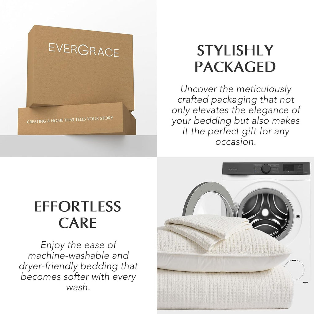 EverGrace Stonewashed 100% Natural Cotton Waffle Quilt Set Queen Size 3 Pieces, Durable, Textured & Substantial Bedding, Quilted Coverlet Bedspread with 2 Shams for All Seasons, Bright White