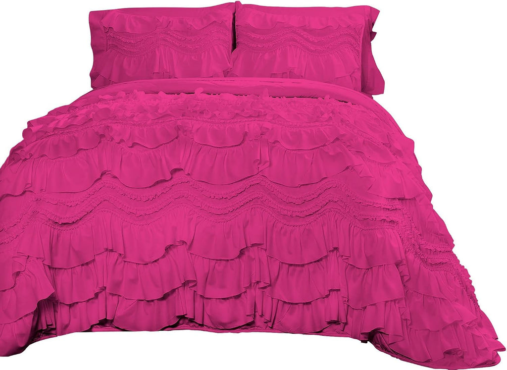 100% Egyptian Cotton, 550 GSM Microfiber Filled Quilt Ruffled Textured 3 Piece Full/Queen Size Comforter Set, Hot Pink