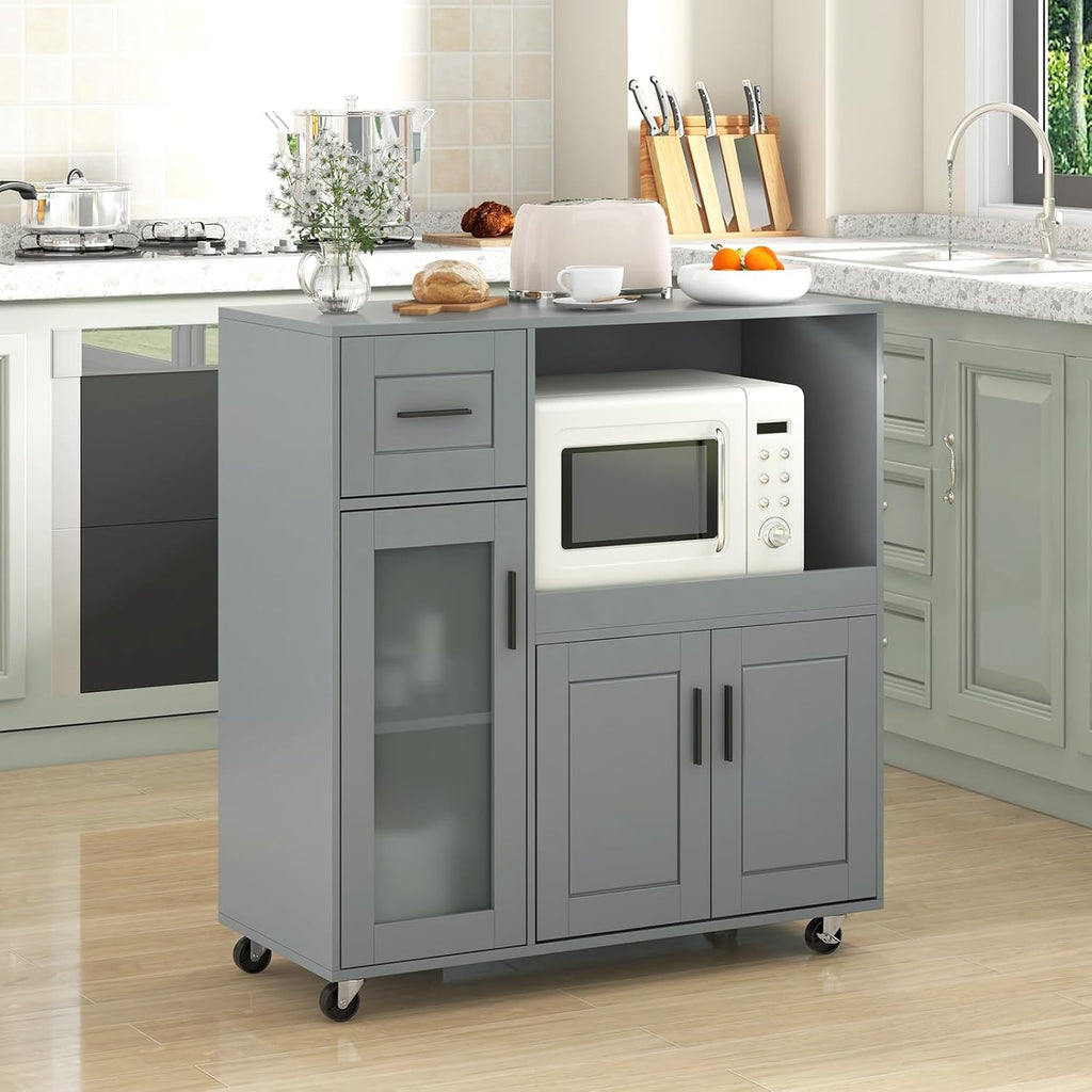 GOFLAME Rolling Kitchen Island Cart on Wheels, Mobile Kitchen Cart with Drawer, Open Shelf and Glass Door Cabinet, Microwave Stand Cart, Portable Kitchen Island for Kitchen, Dining Room, Grey
