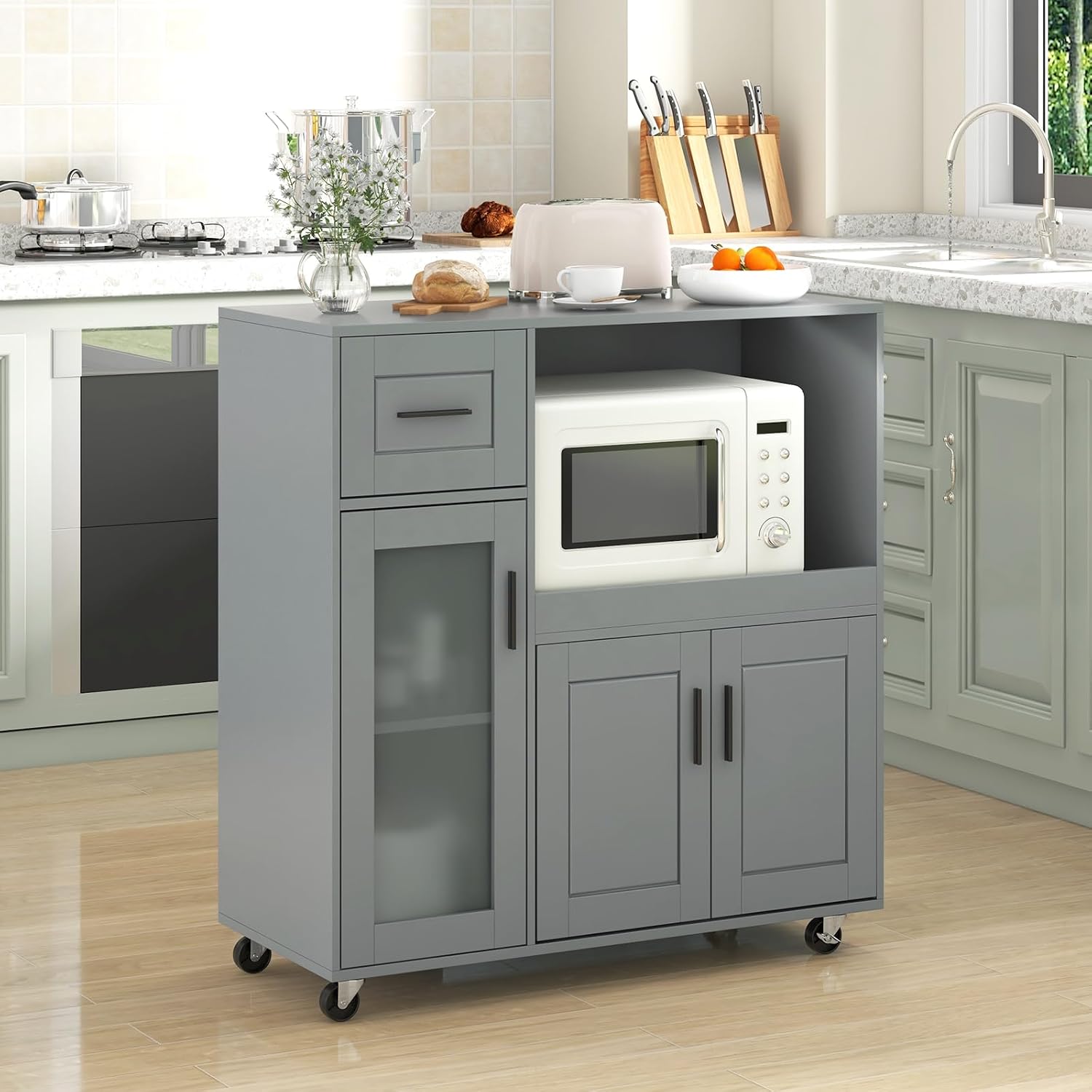 GOFLAME Rolling Kitchen Island Cart on Wheels, Mobile Kitchen Cart with Drawer, Open Shelf and Glass Door Cabinet, Microwave Stand Cart, Portable Kitchen Island for Kitchen, Dining Room, Grey