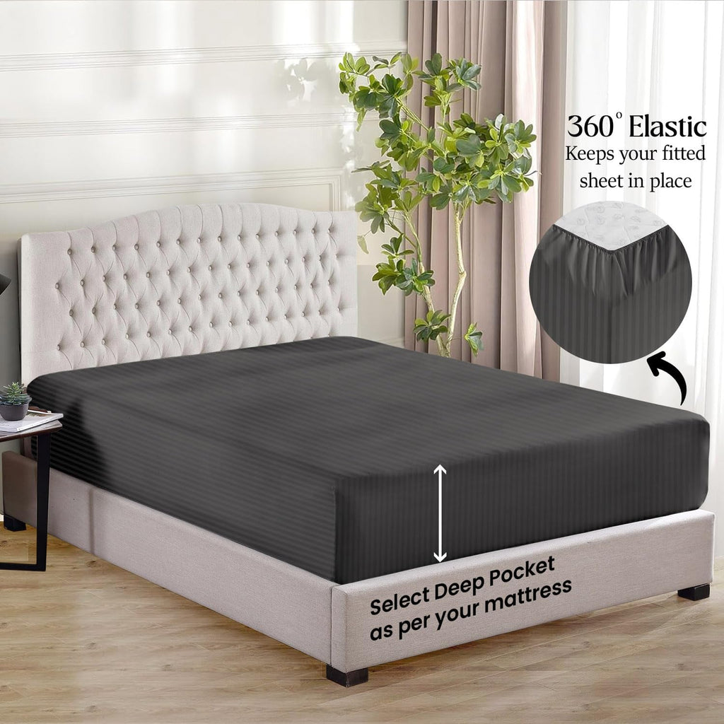 1000 Series - 100% Egyptian Cotton Sheet Set Soft & Comfy Breathable Hotel Quality Luxury Bedding - Fits Mattress Up to 18-20' Deep (Queen Size Stripe, Grey)