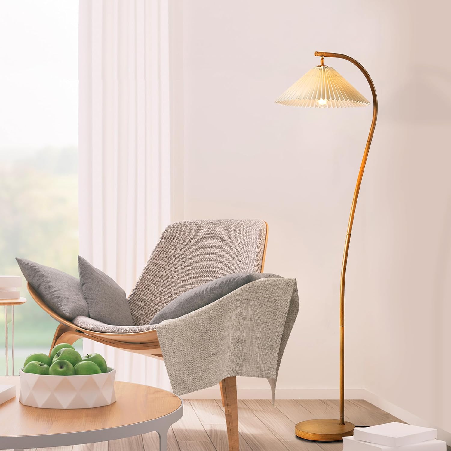 Globe Electric x Novogratz 61000043 62' Floor Lamp, Wood Toned, White Pleated Shade, Pivot Joint on Shade, On/Off Foot Switch, Black Cord, Modern Lighting for Living Room or Office