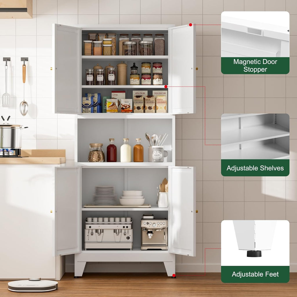 White Metal Kitchen Pantry Cabinet, 69' Tall Storage Cabinet with 4 Doors and 3 Adjustable Shelves, Freestanding Cupboards with Microwave Stand for Dining Room, Living Room, Bathroom