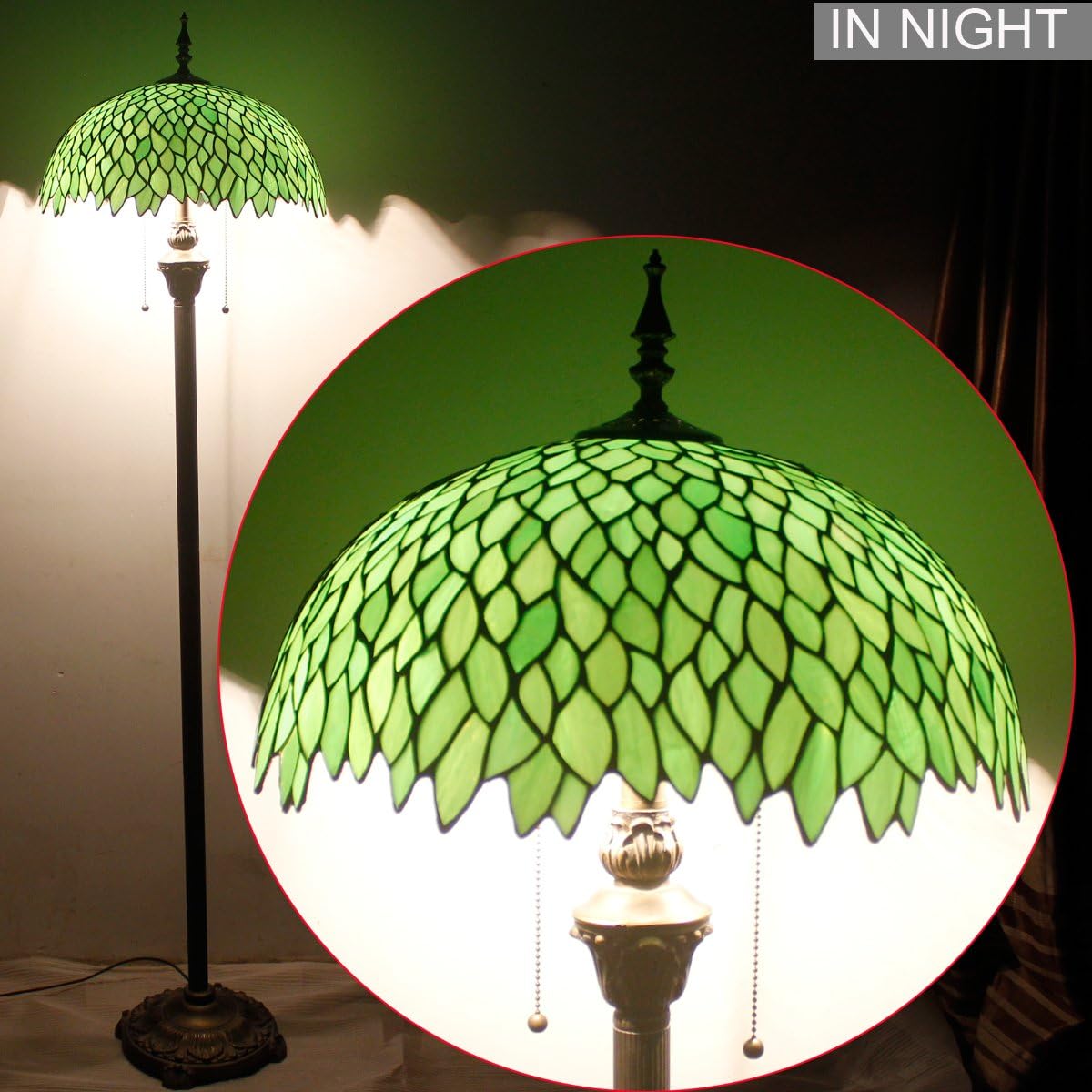 Tiffany Lamp Shade Replacement W16H7 Inch Green Stained Glass Wisteria Lampshade For Table Lamps FLoor Lamp Ceiling Fixture (3 Hooks Inside)Pendant Hanging Light S523 WERFACTORY Home Office Decoration