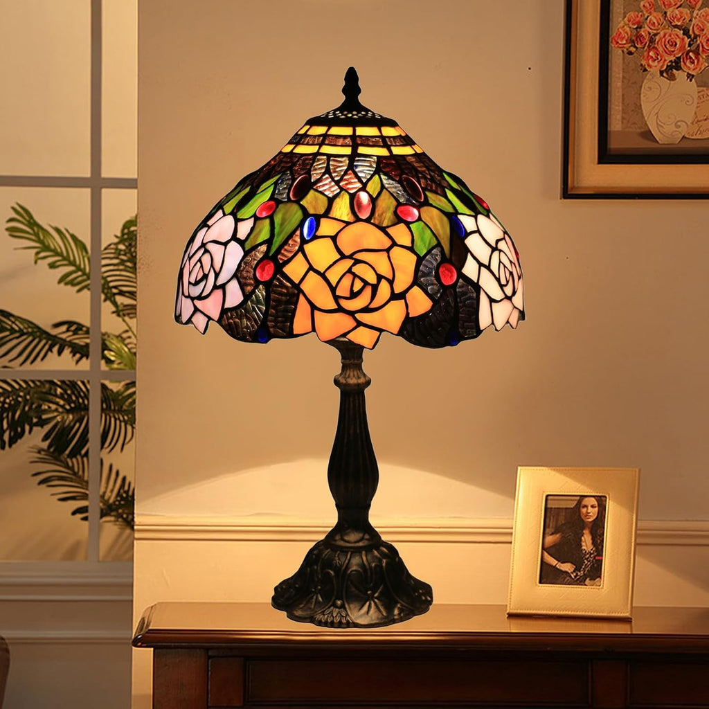 Tiffany Style Table Lamp, 12 Inch Stained Glass Lamp, Antique Table Lamp, Bedside Lamp, for Nightstand Bedroom Living Room Home Office, Rose Flower Pattern, Include LED Bulb